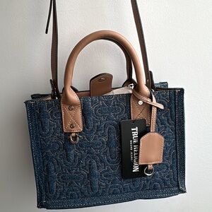 True Religion Blue Denim Bag with Tan Accents